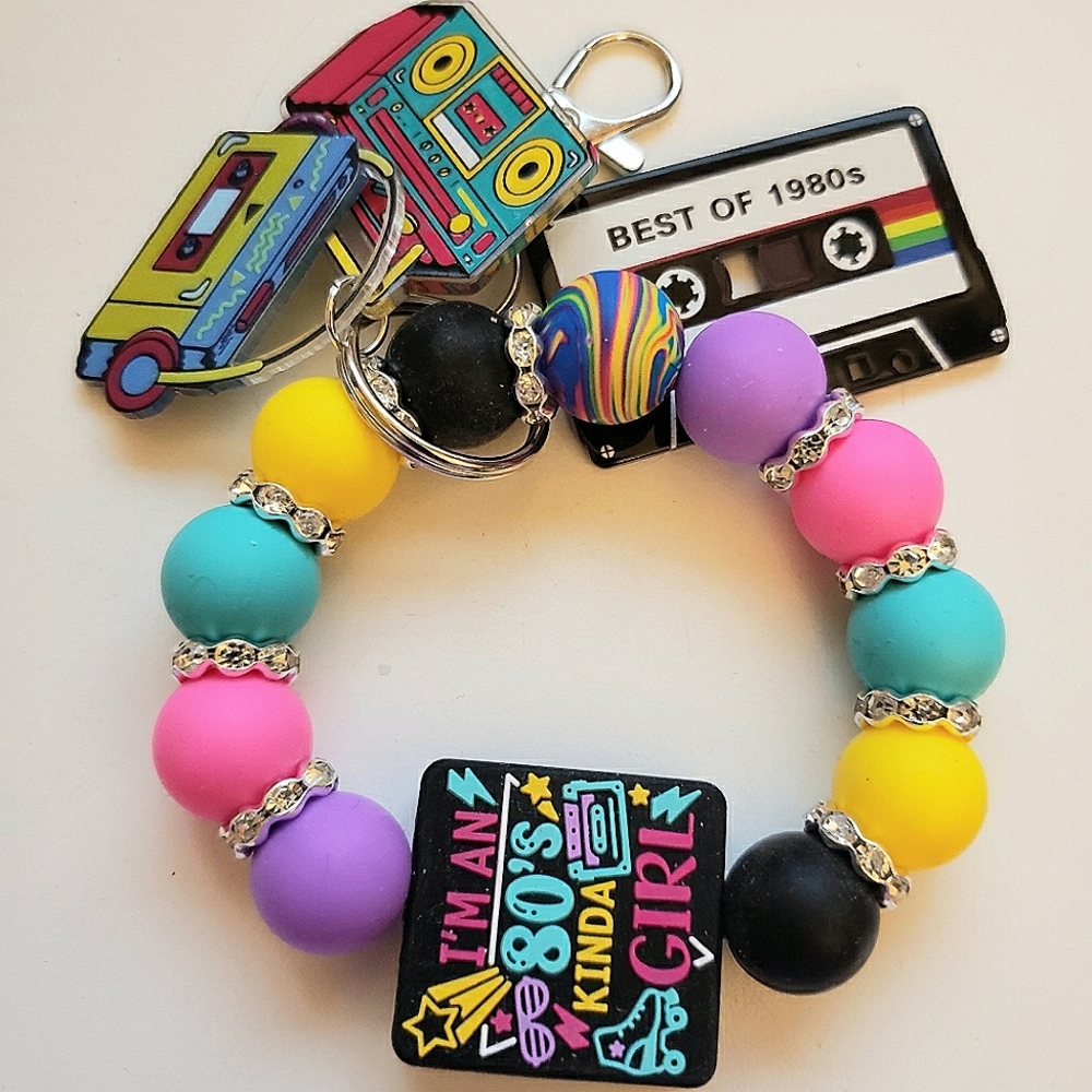Handmade I'm An 80s Kinda Girl Silicone Focal Bead Wristlet Keychain Bracelet